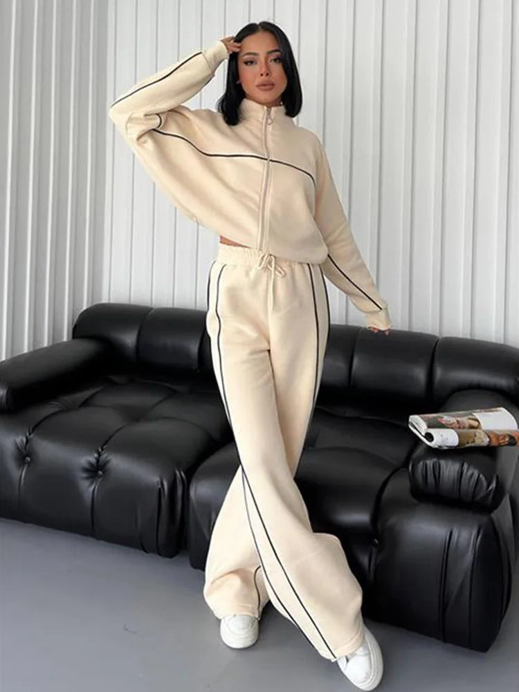 Casual Sports Suits Long Sleeved Half High Collar Cardigan Sweater Lace up Striped Pants Women Clothing Two Piece Set Tracksuit