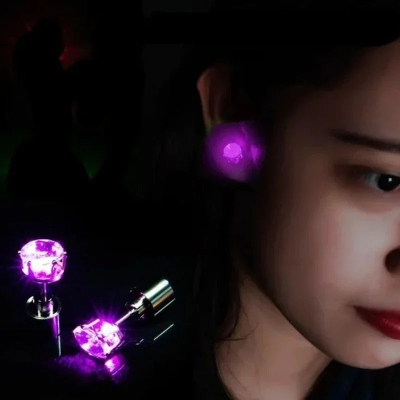 2PCS Colorful LED Luminous Studs Square Zircon Earrings Men Women Bar Rave Wedding Party Ear Stud Jewelry Glowing Earring