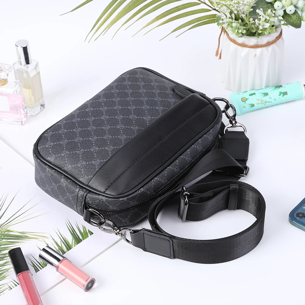 Casual Business Shoulder Bag for Men PU Leather Messenger Bag Wide Strap Crossbody Bags Square Plaid Designer Male Sling Bags