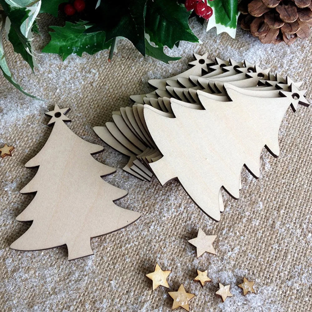 10pcs Wooden Tree Embellishments Wood Christmas Tree Blanks with Twines for Christmas DIY Craft Card Decor