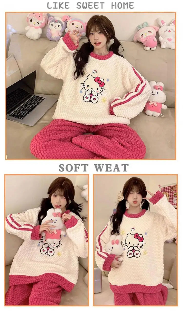 Women Cute Hello Kitty Pajamas Pants Suit Sanrioed Anime Kawaii Spring Winter Cardigan Plush Coral Fleece Red Cartoon Homewear