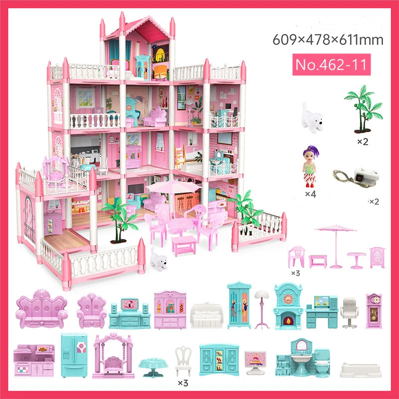 3D DIY Assembly Doll House Fantasy Princess Castle Villa Set Toys Girl Family Toys Children's Music Doll House Assembly Villa