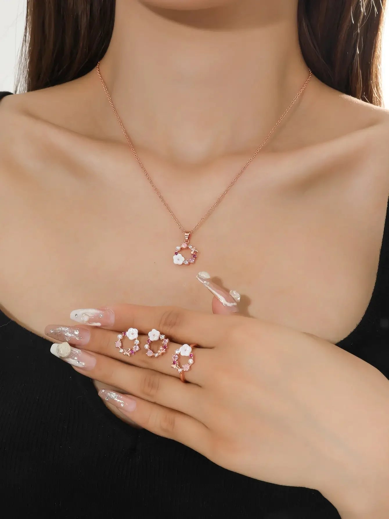 4 Pieces Rose Gold-color Lady Flower Fashion Accessories Zircon Simple Ornate Exquisite Necklace Ring Earrings Jewelry Set