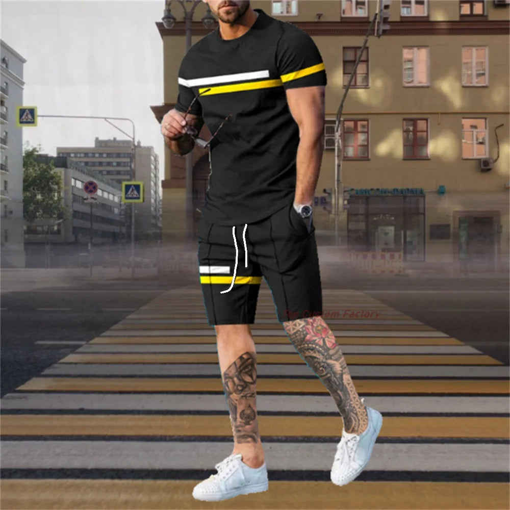 Fashion Men's Tracksuit 2 Piece Set Summer Stripe Sport Hawaiian Suit Short Sleeve T Shirt and Short Casual Fashion Man Clothing