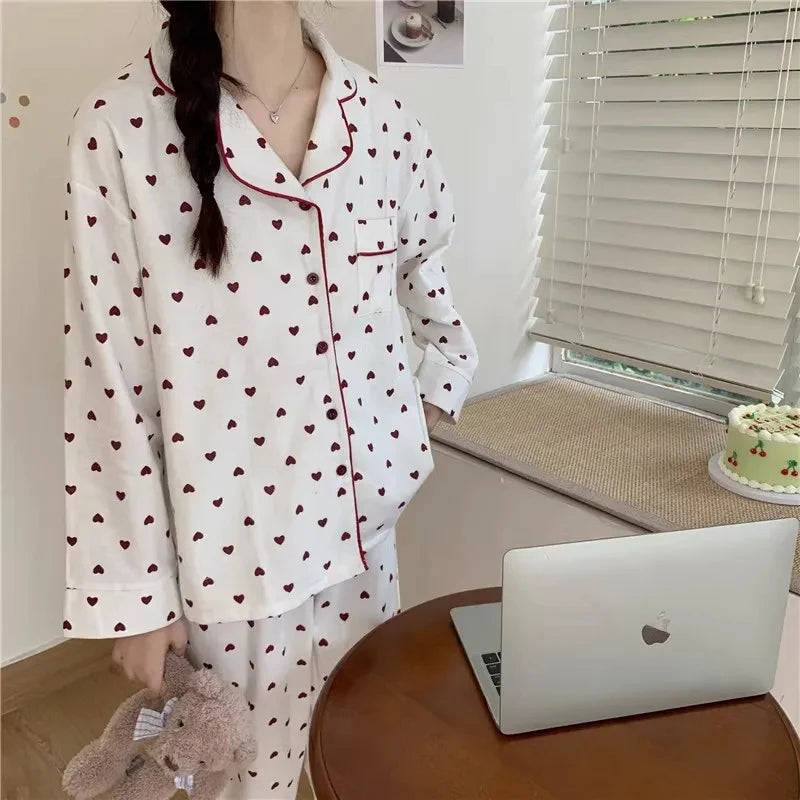 Large Size Sexy Nightwear Women Sleepwear Autumn and Winter Cardigan Home Wear Peach Heart Long Sleeves School Silk Pajamas