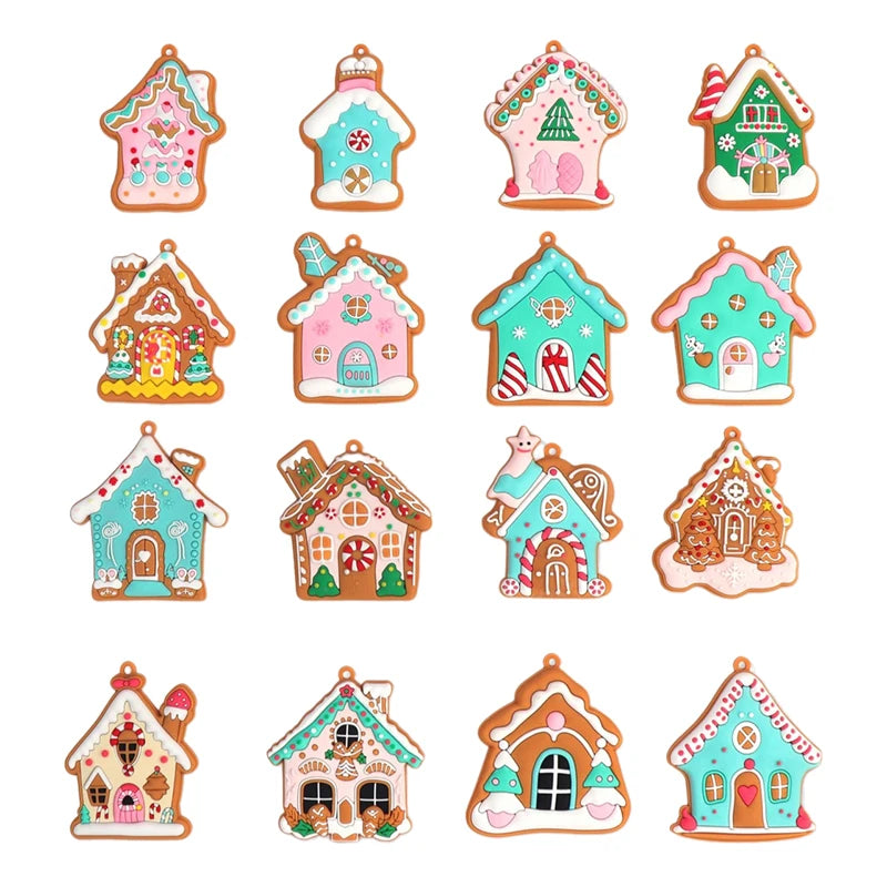 16pcs House Pendant For Christmas Tree Cute Mini Christmas Snow House Hanging Collection Creative Figurines House Pink Pendant