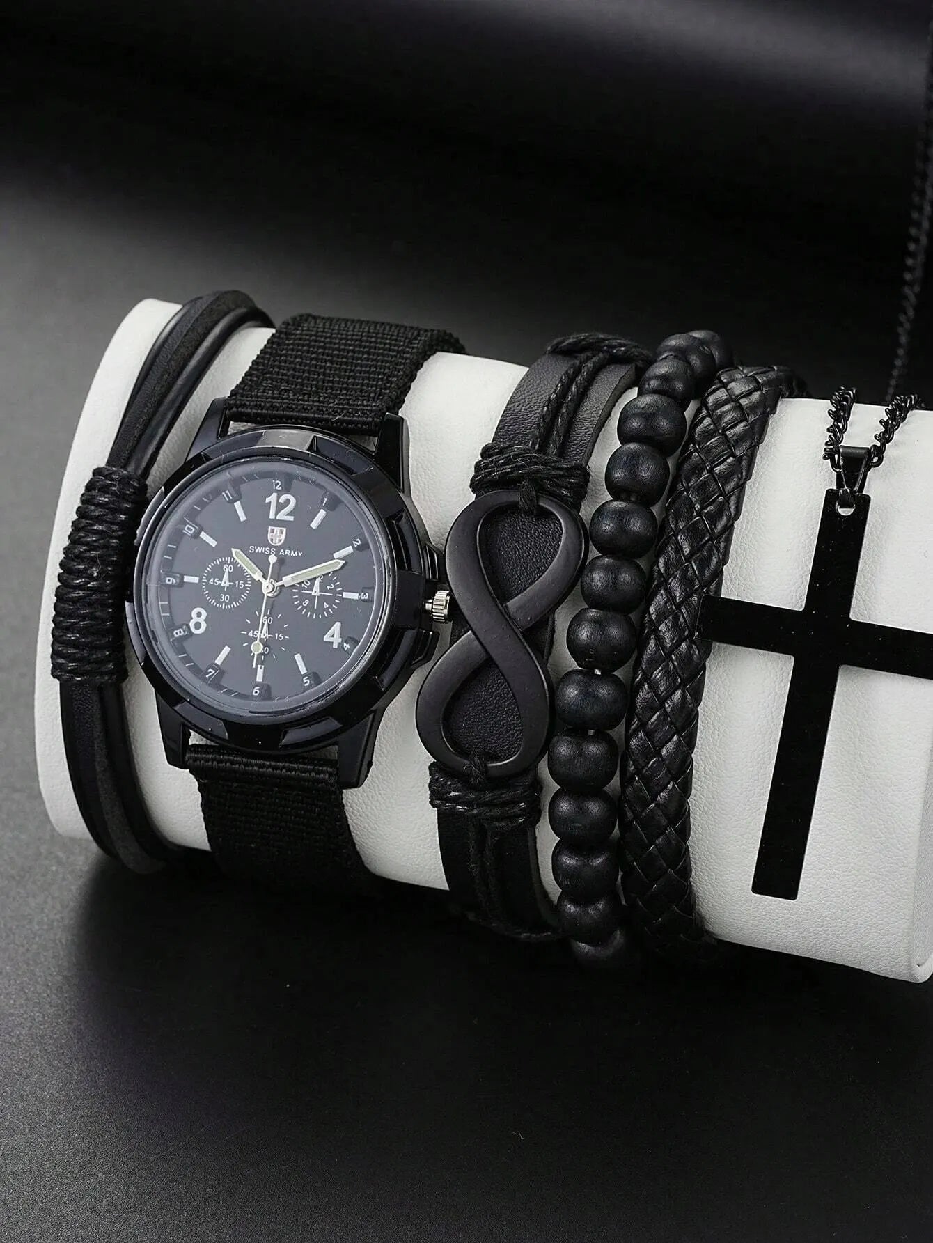 6pcs_Set Fashionable Pu Leather '8' Shape Beaded Bracelet With Mechanical Watch, Cross Pendant Necklace For Men, Black-Colored