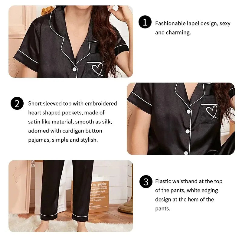 Women's Pajama Pocket Heart Embroidered Pajama Set Satin Comfortable Short Sleeve Button Pajama Lounge Pant For Women Sleepwear