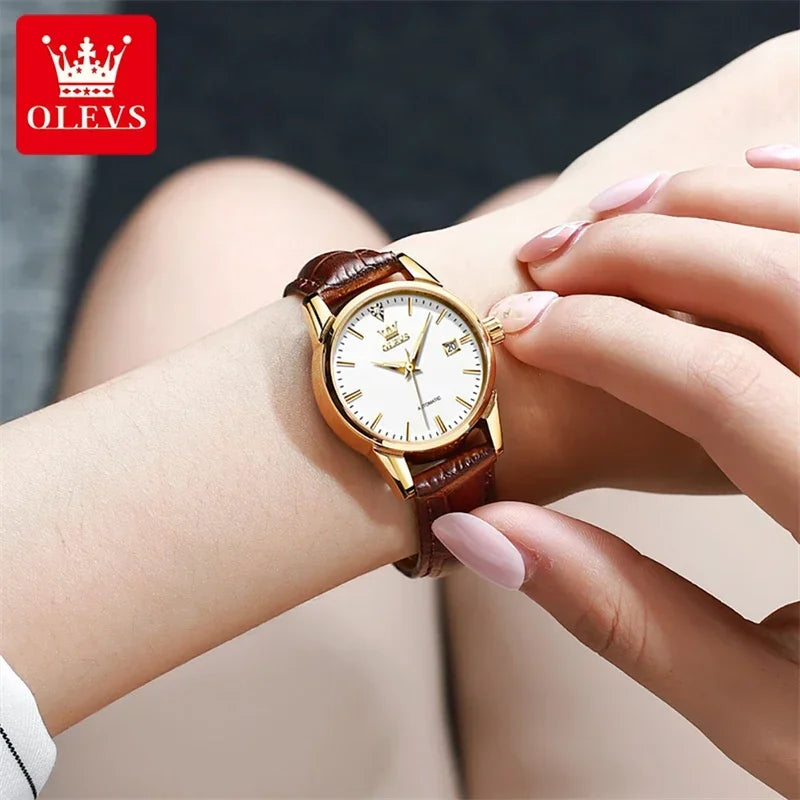 OLEVS Automatic Mechanical Skeleton Watch for Women New Casual Leather Strap Waterproof Elegant Women's Wristwatches Reloj Mujer