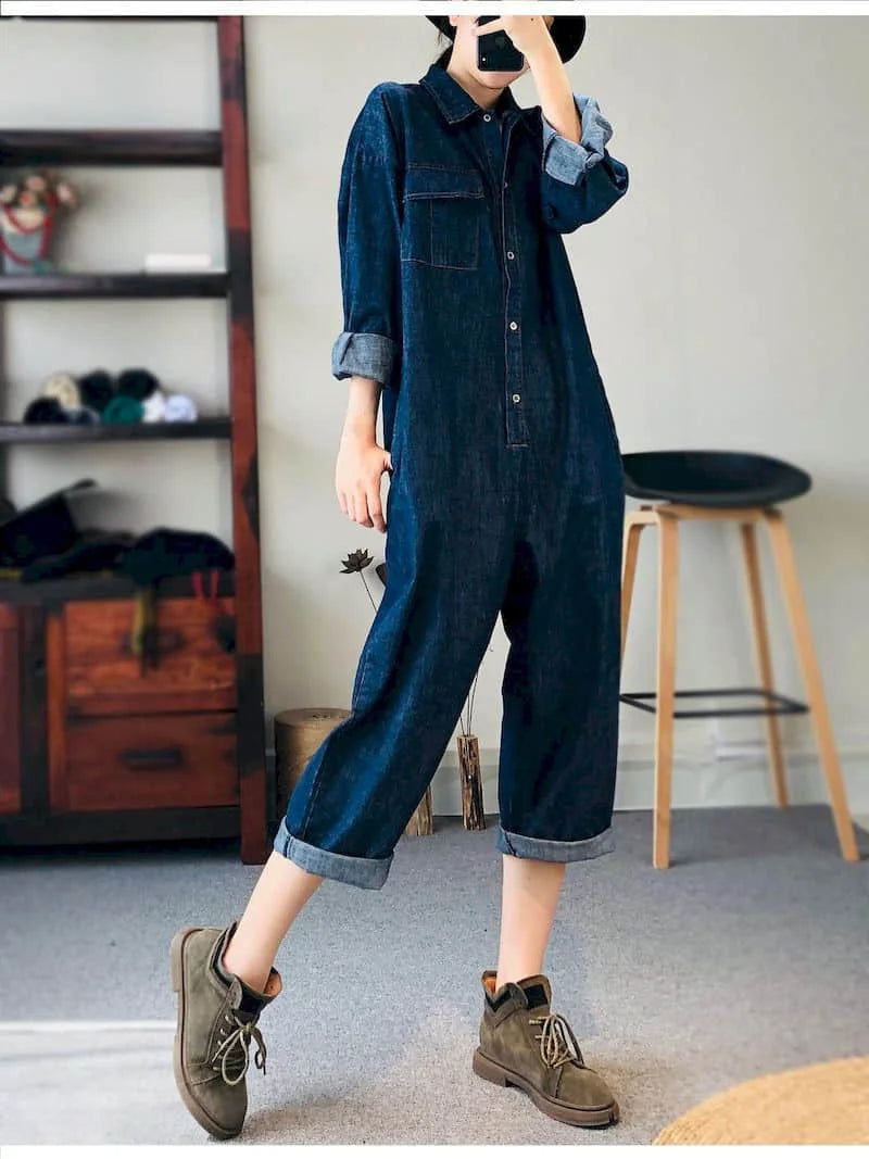 Oversized Denim Jumpsuit Suit Women Blue Denim Long Sleeve Playsuits High Waist New Fashion Tops Casual One Piece Outfit Women