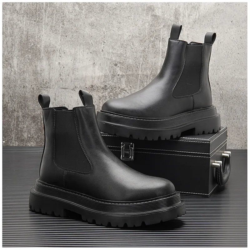 Luxury Design Mens Platform Chelsea Boots Thick Bottom Split Leather Ankle Boots Male Footwear Round Toe Short Martins Boots