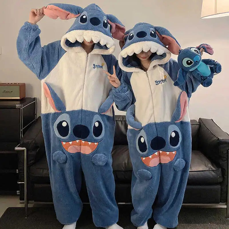 Cartoon Disney couple one-piece pajamas winter coral fleece thermal hooded pullover men's loungewear new Stitch women's pajamas