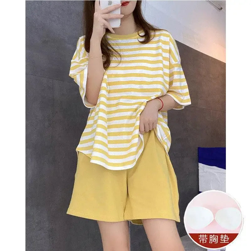 Women‘s Summer Two Pieces Sets Pajamas O-Neck Short Sleeve Shorts Pant Homewear with Chest Pad Striped Cute Sleepwear Loungewear