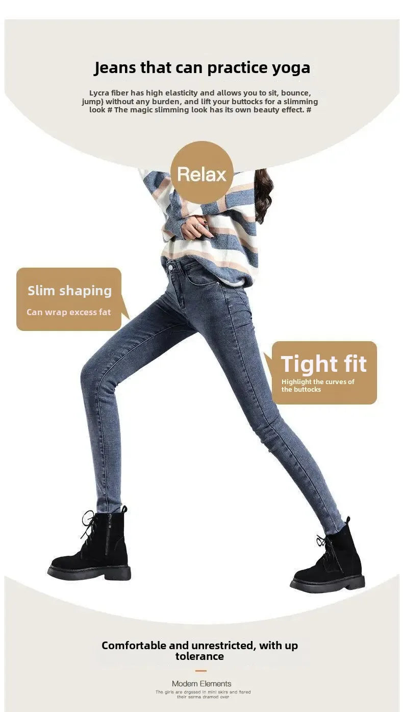 High-Waisted Slimming Stretchy Korean-Style Tight Jeans Women's Fleece-Lined Casual Trousers Warm Long Pants