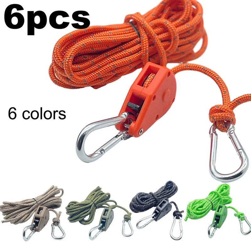 6pcs Reflective Camping Tent Rope Tie Down Fastener Fixed Buckle Pulley Tensioner Ratchet Hangers Awning Wind Rope Outdoor