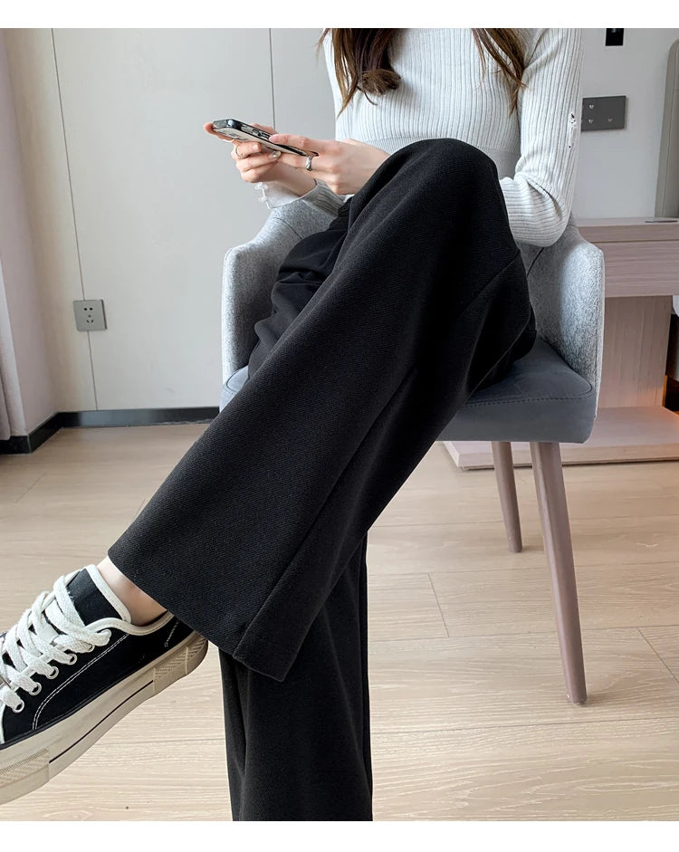 Seoulish Autumn Winter Thicken Woolen Casual Loose Full Length Pants 2023 New Button High Waist Chic Wide Leg Trousers Female