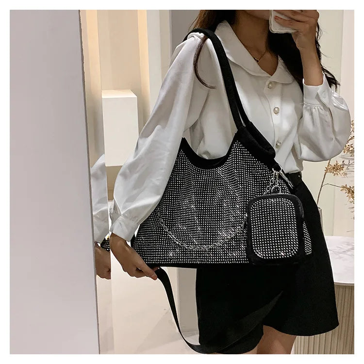 2023 New Shiny Rhinestone Women's Handbag Large Shopping Bag Fashion Dinner Bag Underarm Shoulder Bag Women's Party Commuter Bag