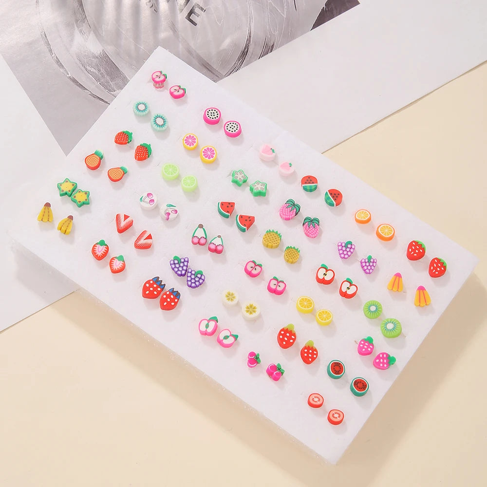 36Pair/lot Multi-style Colorful Cartoon Fruit Animal Geometric Stud Earrings Set For Women Girls Cute Children Ear Jewelry Gifts