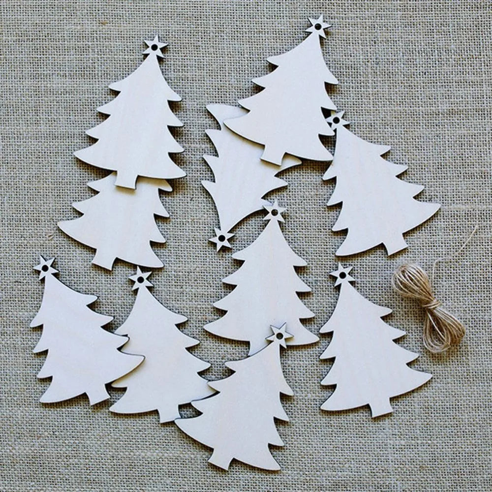 10pcs Wooden Tree Embellishments Wood Christmas Tree Blanks with Twines for Christmas DIY Craft Card Decor