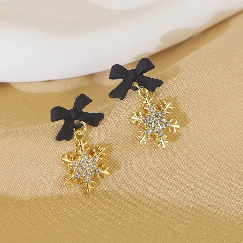 Sweet Bowknots Snowflake Drop Earrings for Women Girls Trendy Elegant Red Black Ear Accessories Jewelry Earring Charm Xmas Gifts