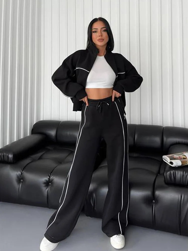 Casual Sports Suits Long Sleeved Half High Collar Cardigan Sweater Lace up Striped Pants Women Clothing Two Piece Set Tracksuit