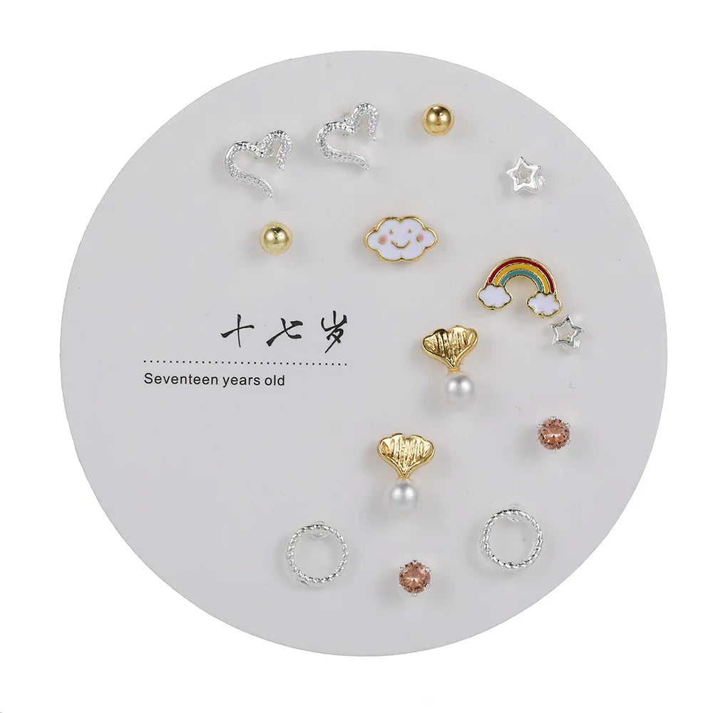 7Pairs Women Acrylic Crystal Small Stud Earring Set Girl Child Heart Star Animal Moon Crown Plastic Earring Brincos Jewelry Gift