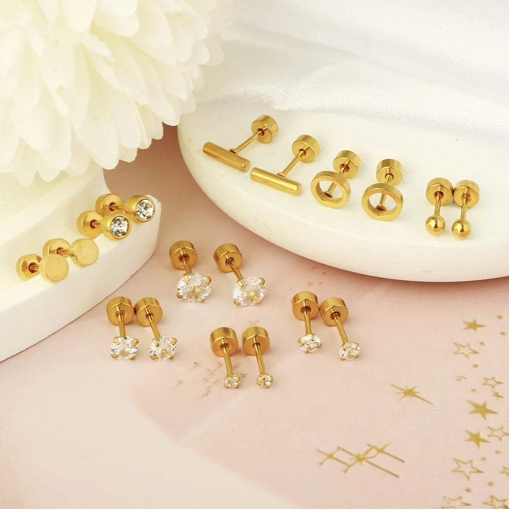 2PCS/Set Stainless Steel Gold Flower Cross Stud Earrings for Women Cute Mini Pearl Earrings Tragus Cartilage Piercing Jewelry