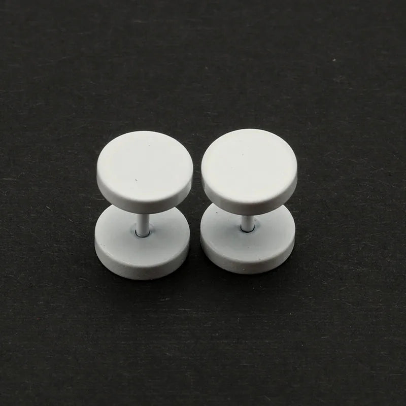 2PCS Fashion Men's Women's Ear Studs Earrings Fake Ear Plugs White 6mm 8mm 10mm Screw Round Barbell Jewelry Stainless Steel Punk