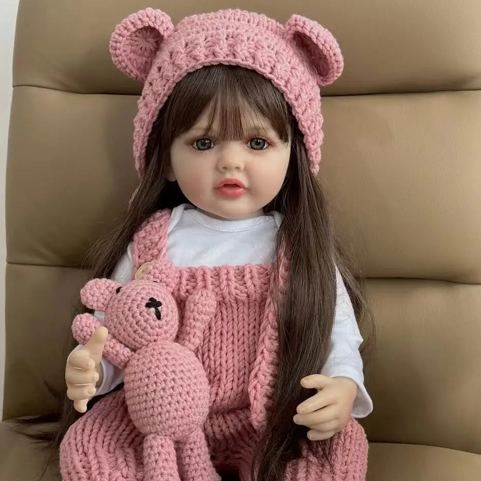 BZDOLL 55cm 22inch Lifelike Reborn Baby Girl Doll Soft Silicone Long Brown Hair Realistic Princess Toddler Bebe Birthday Gift