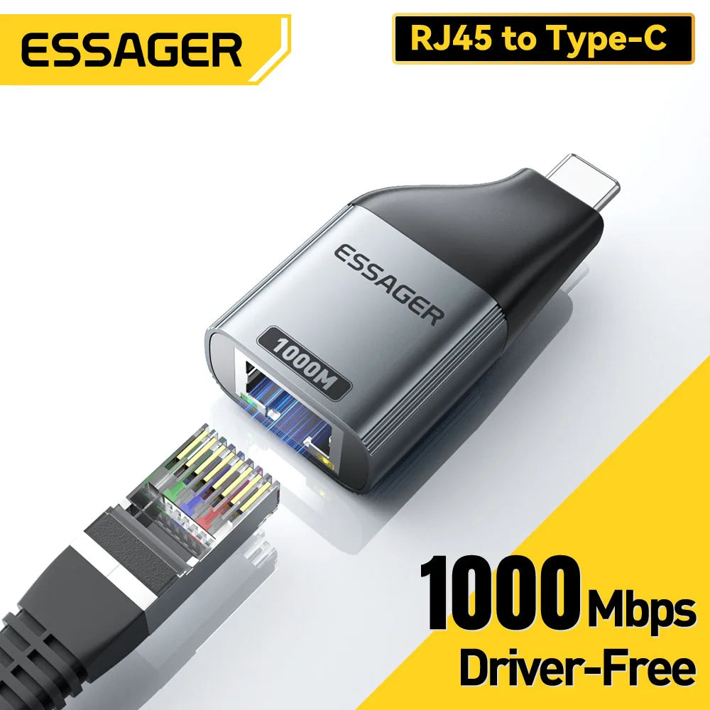 Essager Type-C to Ethernet Adapter 100/1000Mbps Gigabit High-Speed RJ45 To Type-c Adapter For MacBook Laptop Wired Network Card