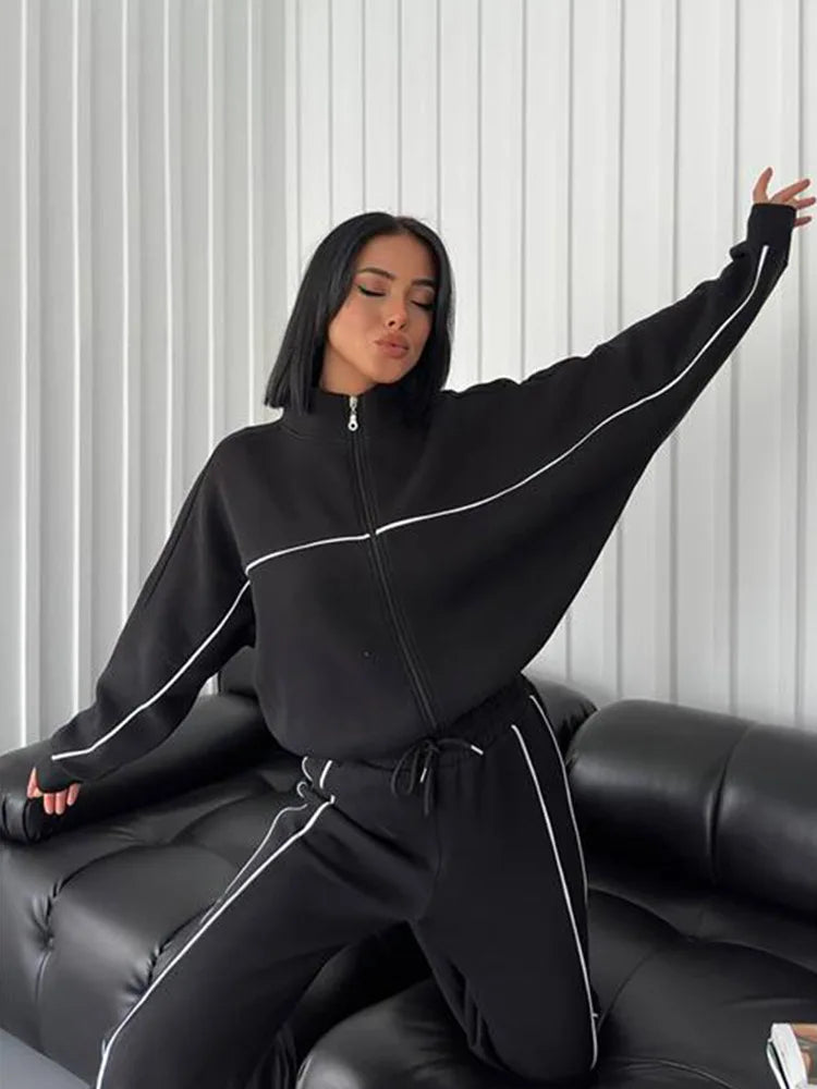 Casual Sports Suits Long Sleeved Half High Collar Cardigan Sweater Lace up Striped Pants Women Clothing Two Piece Set Tracksuit