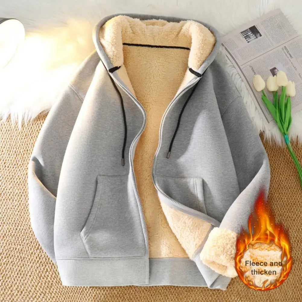 Men's Coat Fleece-lined Thickened Hooded Sweatshirt Youth Cardigan Top Student Zip-up Sweatshirt Casual Style Loose Fit Jacket