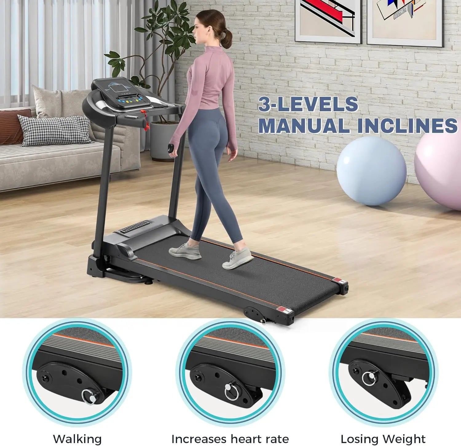 Folding Electric Treadmill with Incline 2.5HP Energy Saving Motor 12 Preset Programs Running Walking Jogging Machine for H