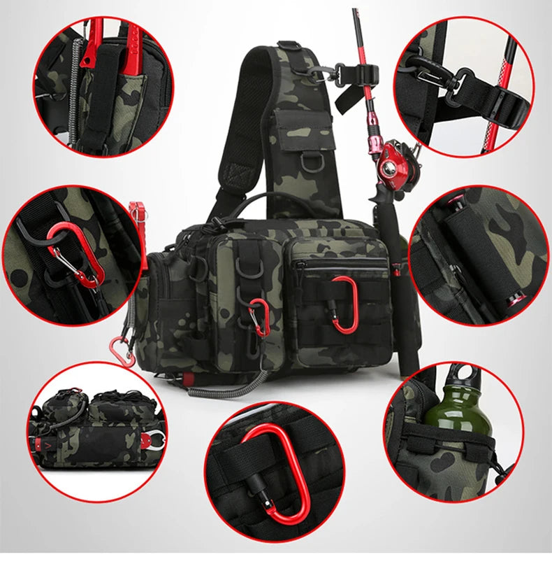 Fishing Tackle Backpack Lure Box Gear Storage Bag Fanny Pack for Men Fly Fishing Backpack with Rod Holder Sling Shoulder Bag