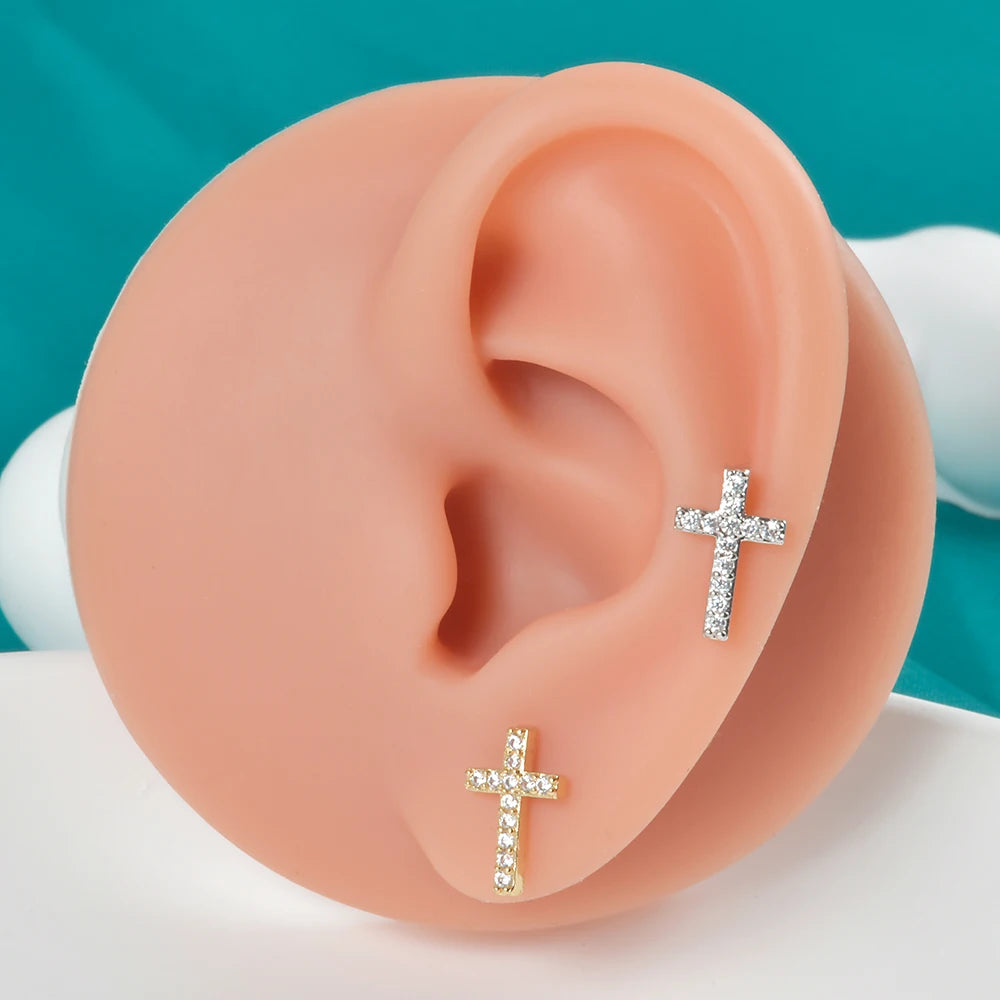 2PCS Cross Stud Earrings for Women Girls Men Labret Crystal CZ Helix Tragus Cartilage Ear Studs Punk 20G Piercing Jewelry