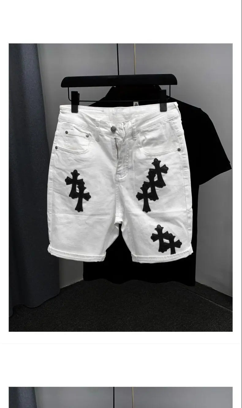 Summer Cotton Elastic Shorts Men's American Style Street Fashion Brand Embroidered White Denim Shorts For Men And Women