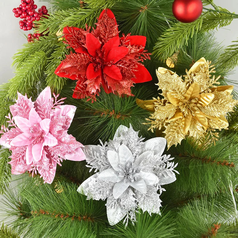 3/10pcs 14cm Christmas Flowers Glitter Red Gold Flower Head Xmas Tree Ornament New Year Decorations for Home Navidad Noel Gifts