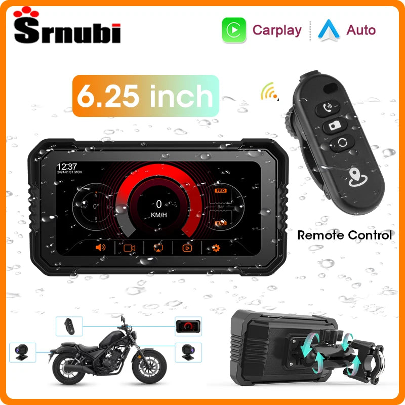 Srnubi 6.25 inch Portable Motorcycle DVR Wireless Carplay Android Auto Remote Control IP67 Waterproof 5.0 BT GPS Navigation