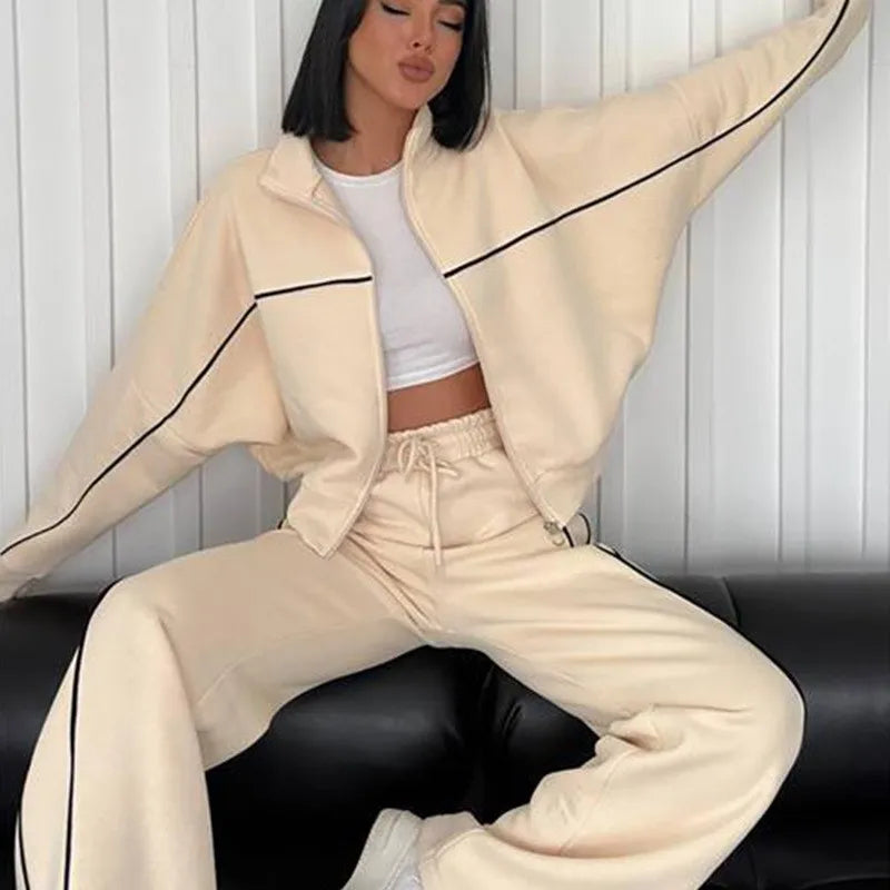 Casual Sports Suits Long Sleeved Half High Collar Cardigan Sweater Lace up Striped Pants Women Clothing Two Piece Set Tracksuit