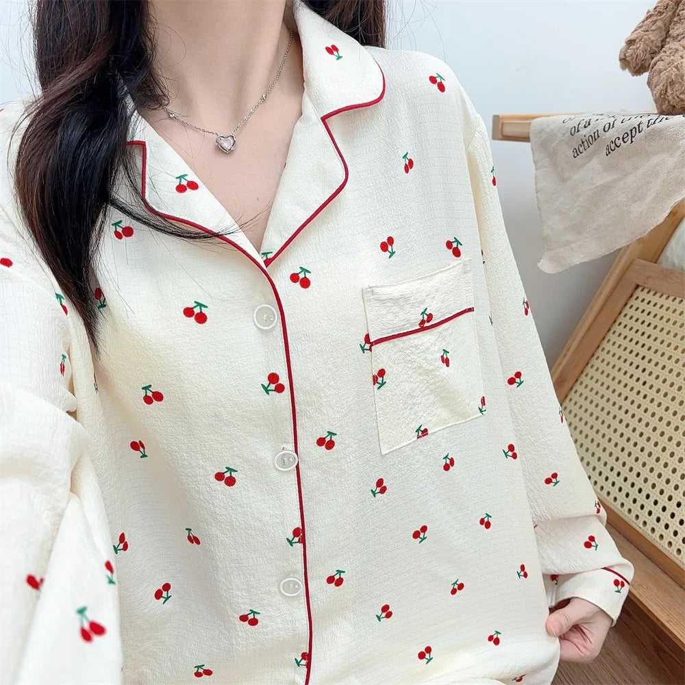 Korean Style Chic Women's Sleepwear Set Extra Soft Peach Lapel Long Sleeve Spring Autumn For Home Use Loose Sleepwear Set