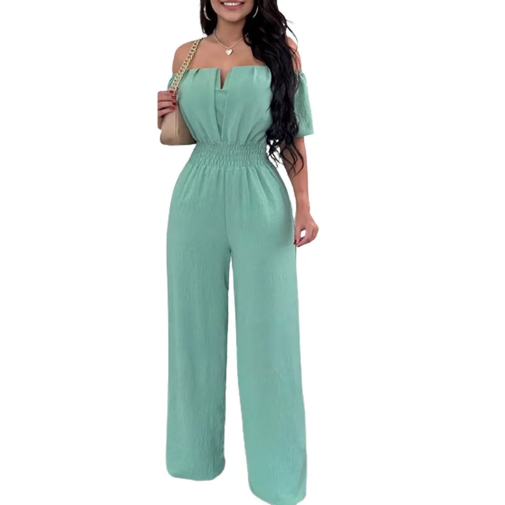 Summer Fashion Printed Wide Leg Jumpsuit Women Sexy Slash Neck Off-shoulder High Waist Jumpsuit Womem