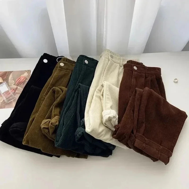 Retro High Waist Corduroy Pants Women Spring Fall Straight Causal Full Length Trousers Korean Fashion Baggy All Match Black Pant