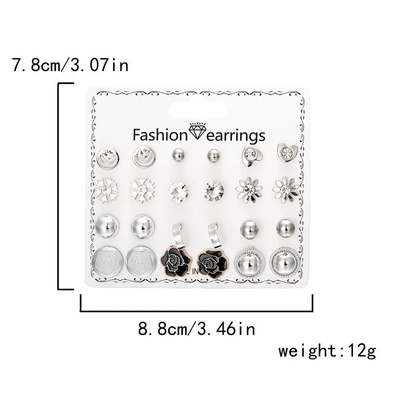 12 Pairs/Set Imitation Pearl Sun Star Flower Bow Heart Zircon Combination Paper Card Stud Earrings Set Fashion Geometric Earring