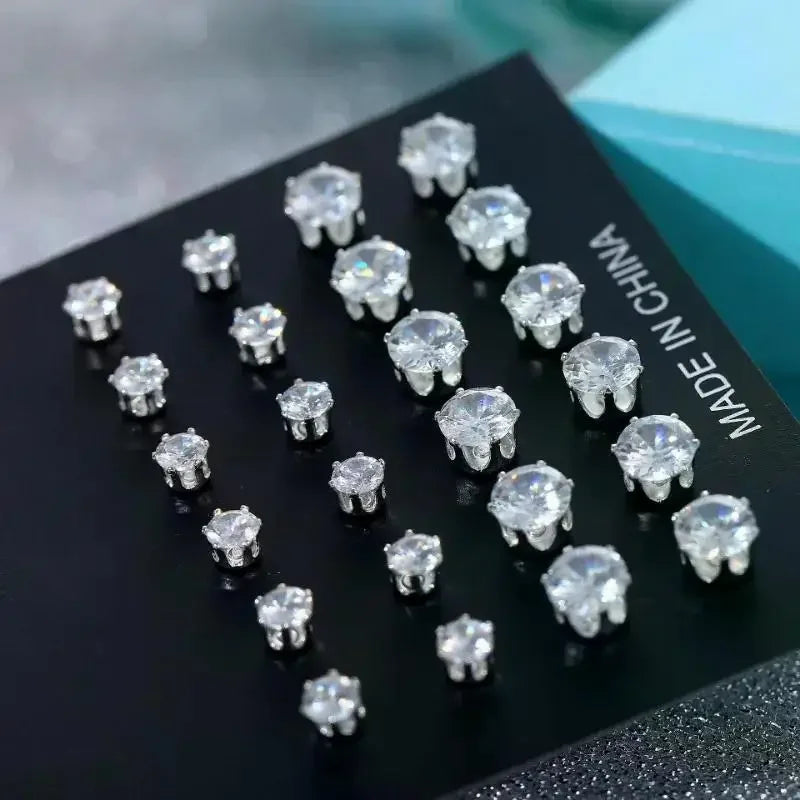 12 Pairs/Pack Shiny Zircon Stud Earrings Set for Women Men Daily Versatile Chic Silver Color Crystal Ear Jewelry Accessories