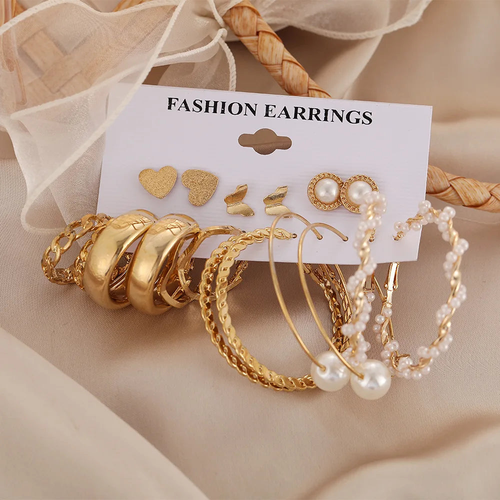 1Set Hot Selling Personalized Retro Pearl Heart Large Circle Earring Set for Women's Temperament Card Earrings Set Wholesale