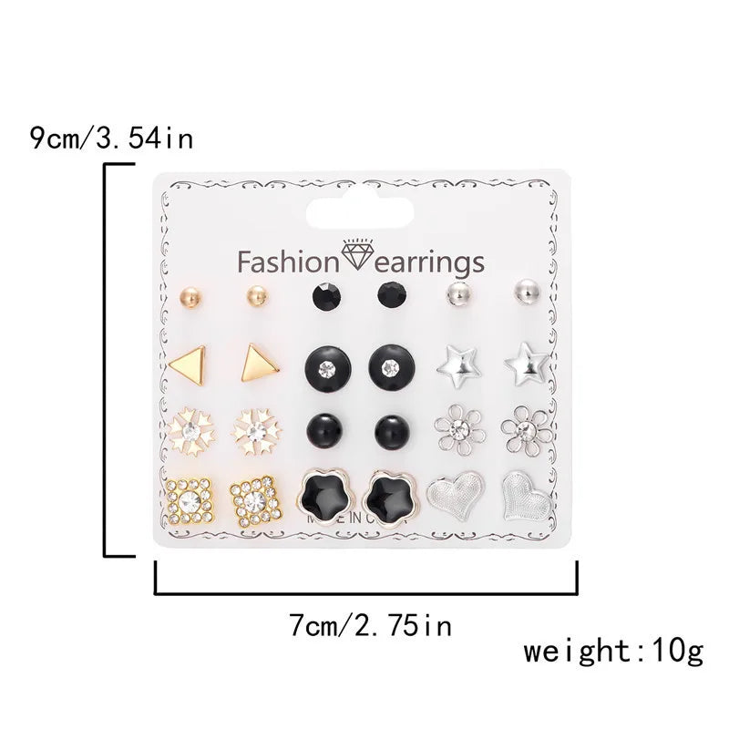 12 Pairs/Set Imitation Pearl Sun Star Flower Bow Heart Zircon Combination Paper Card Stud Earrings Set Fashion Geometric Earring