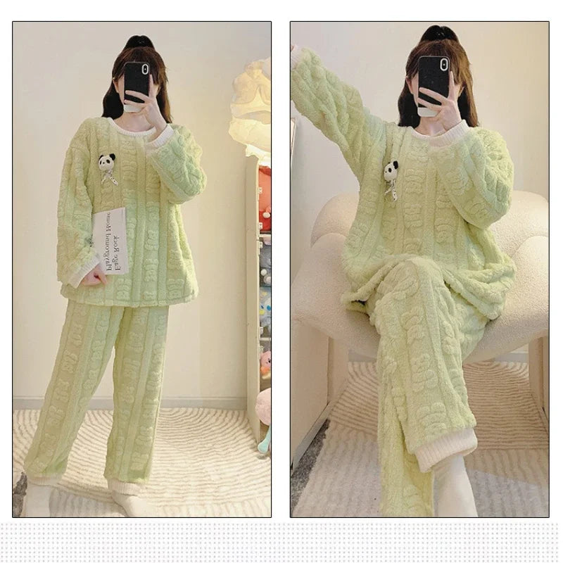 5XL Cartoon Coral Fleece Pajamas Women Plus Size Winter Thickened Student Loungewear Can Be Worn Outside Long Sleeve Sleepwear