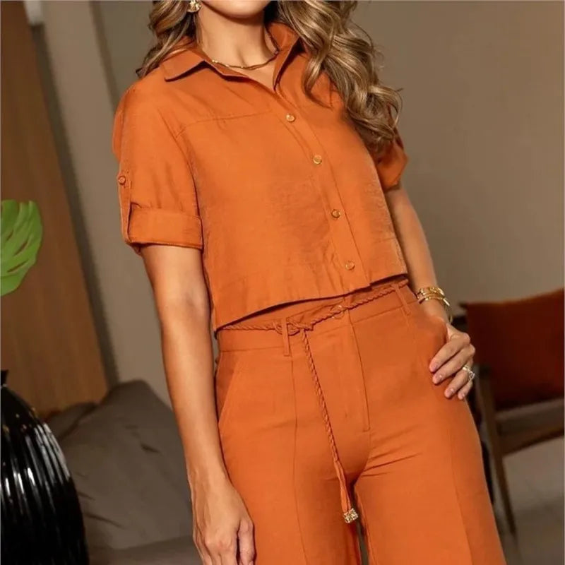 Women's Casual Solid Lapel Button Short Sleeve Top and High Waisted Wide Leg Pants Set, Office Outfits, Summer, New, 2 Pcs Set