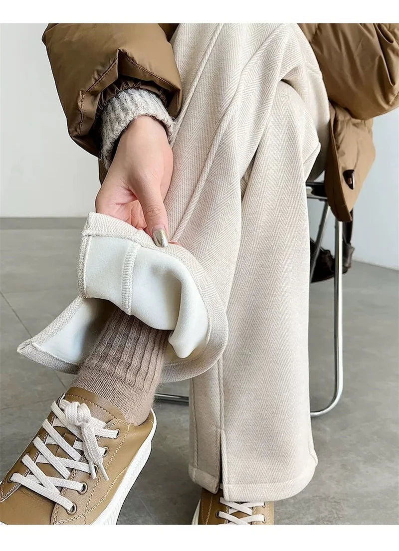 Women's Autumn/Winter New Herringbone Striped Flannel Wide leg Pants Woolen Split Pants Straight leg Narrow Version Banana Pants