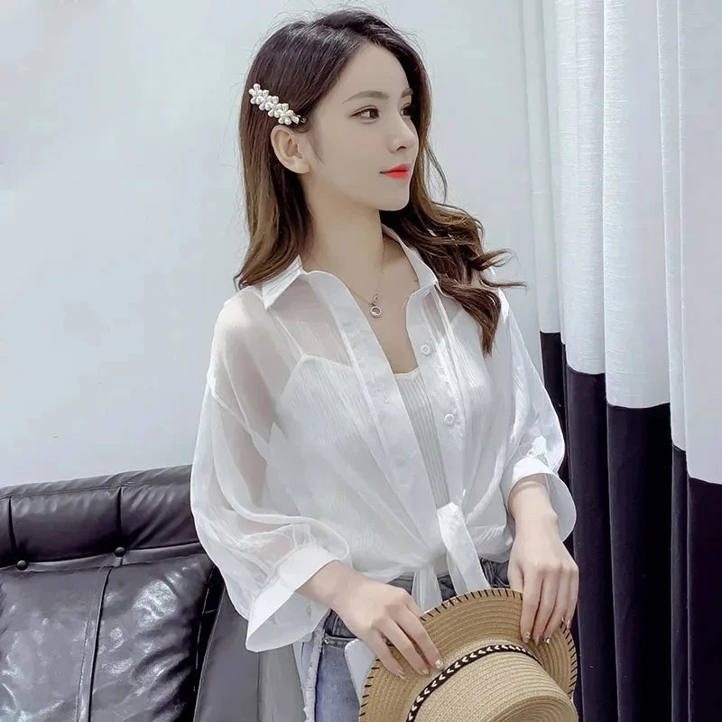 Elegant Solid Color Tied Waist Blouse Casual Loose Hollow Solid Clothes Women Summer Bat Half Sleeve Button Chiffon Shirt 9776